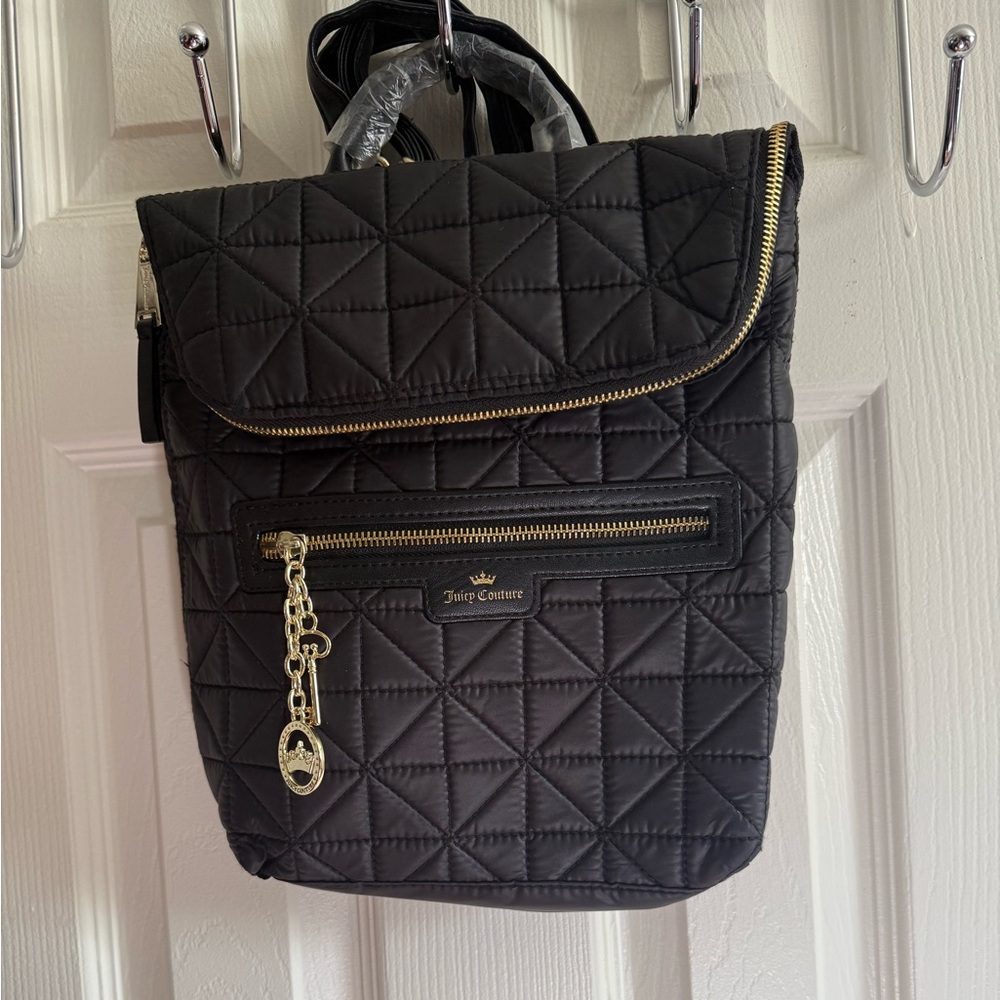 Juicy Couture Black Quilted Backpack with Gold Hardware and Charm